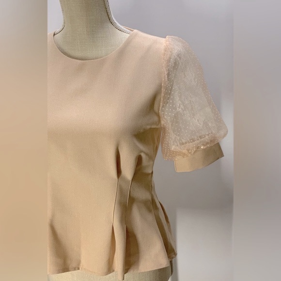 Oppane Peplum Top with Flocked Organza Puff Sleeves - Picture 2 of 12